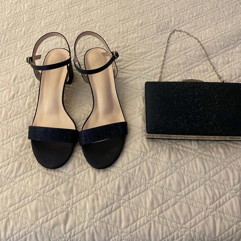 Purse and shoes. Used once. Navy blue shoes size 10